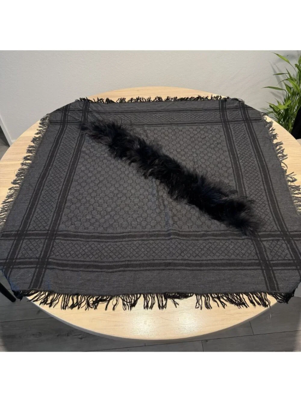 Gucci Black Grey Wool Silk Blend Fox Fur Trim GG Monogram Scarf Shawl